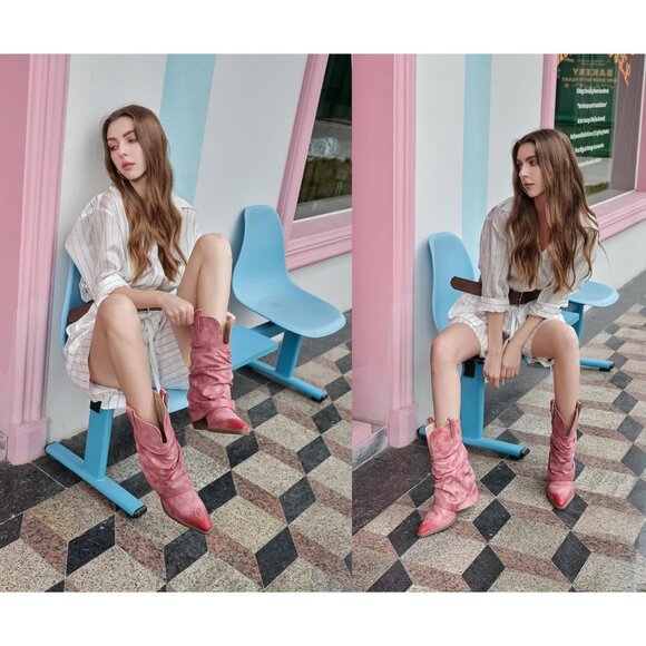 Women's Pink Leather Vintage Retro Mid Calf Chunky Heels Western Cowgirl Boots - Picture 5 of 8